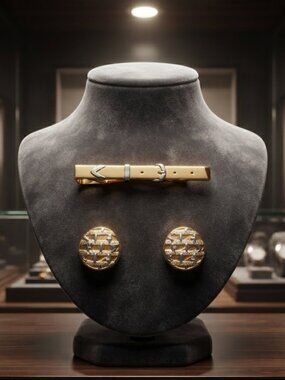 Gold & Silver-Tone Belt-Design Tie Clip and Round Button Cover Cuff Link Set